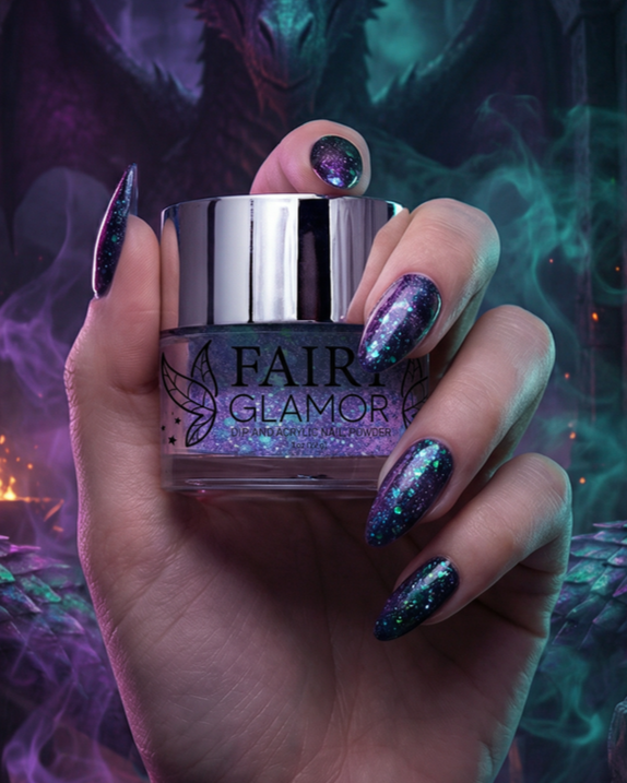 Hand holding a jar of 'FAIRY GLAMOR' nail polish with a fantasy-themed background