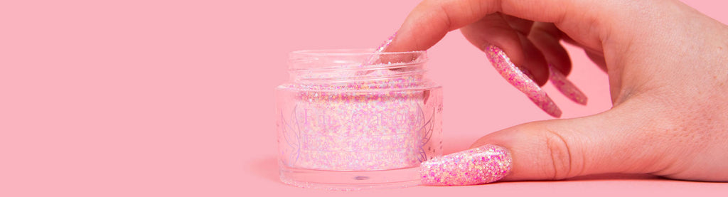 pink glitter dip nail powder in jar